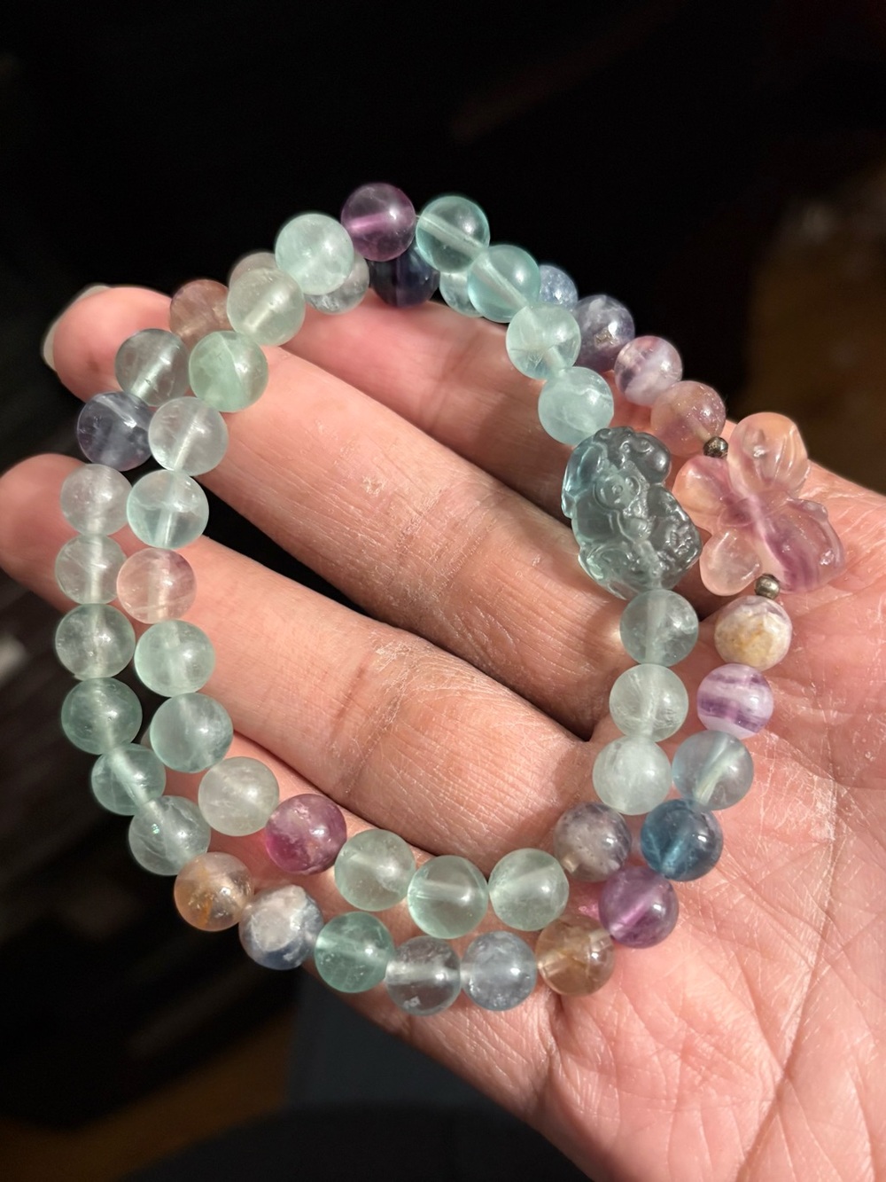 Rainbow Fluorite Blue Dragon & Pink Butterfly Crystal Bracelets 8mm